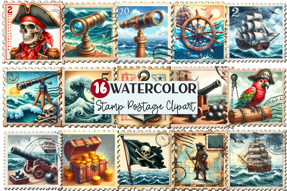 Nautical Pirates Stamp Postage Clipa, an Illustration by Rose Art (Photo 1 of 4)
