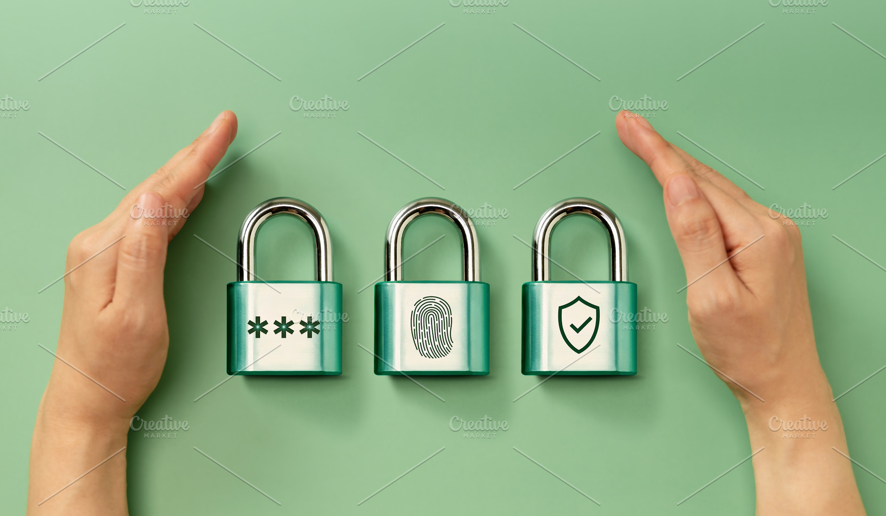 Cybersecurity Conceptual image. Hands securing padlocks represen, a Photo by salmon.black