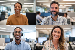Team meeting with participants smiling in a collaborative office environment, a Business Photo by AlyaAnd