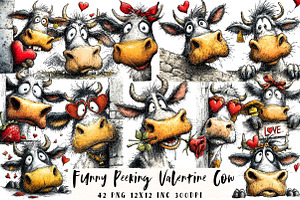 Funny Peeking Valentine Cow Clipart, an Illustration by OK Design