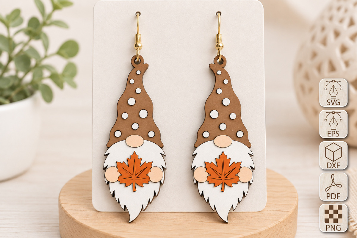 Fall Gnome Earrings Laser Cut SVG, a Seasonal Illustration by Canvas Craft (Photo 1 of 5)