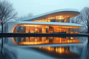 Modern architectural marvel reflects, a Photo by Tanuart
