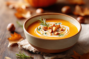 Creamy orange soup with seeds and cream swirl, a Food & Drink Photo by AlyaAnd