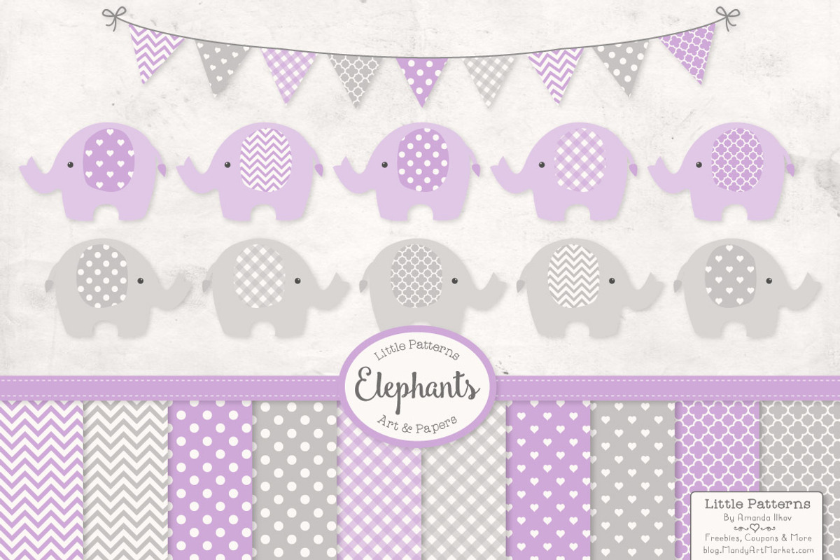 Lavender Elephants Clip Art & Papers, an Illustration by Amanda Ilkov (Photo 1 of 3)