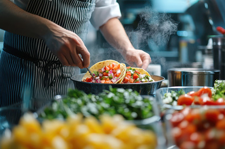 Chef preparing fresh tacos in a busy, a Background Photo by Pixeness