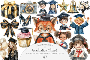 Watercolor Graduation Clipart, an Illustration by Design Market