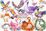 Watercolor Colorful Goose Clipart, an Illustration by Canvas Craft (Thumbnail 1 of 7)