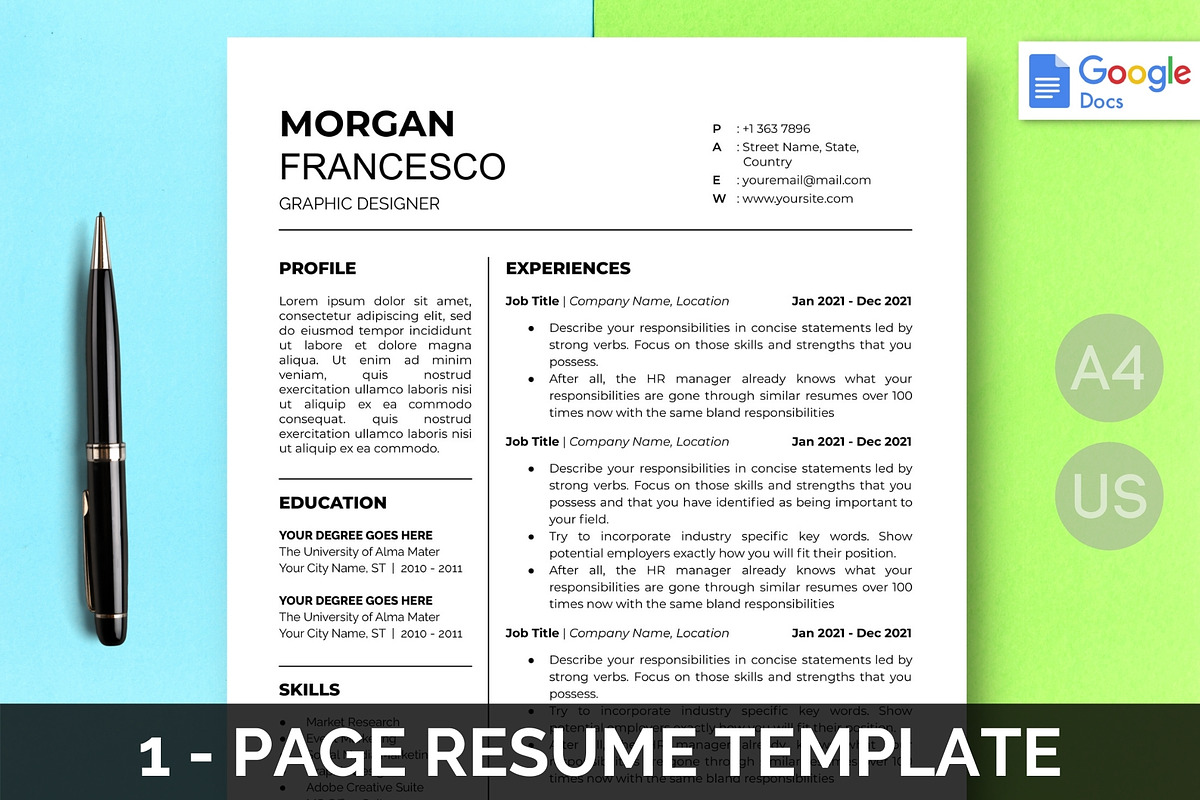 Google Docs Resume Template | 1 Page, a Resume Template by bonadigitals (Photo 1 of 4)