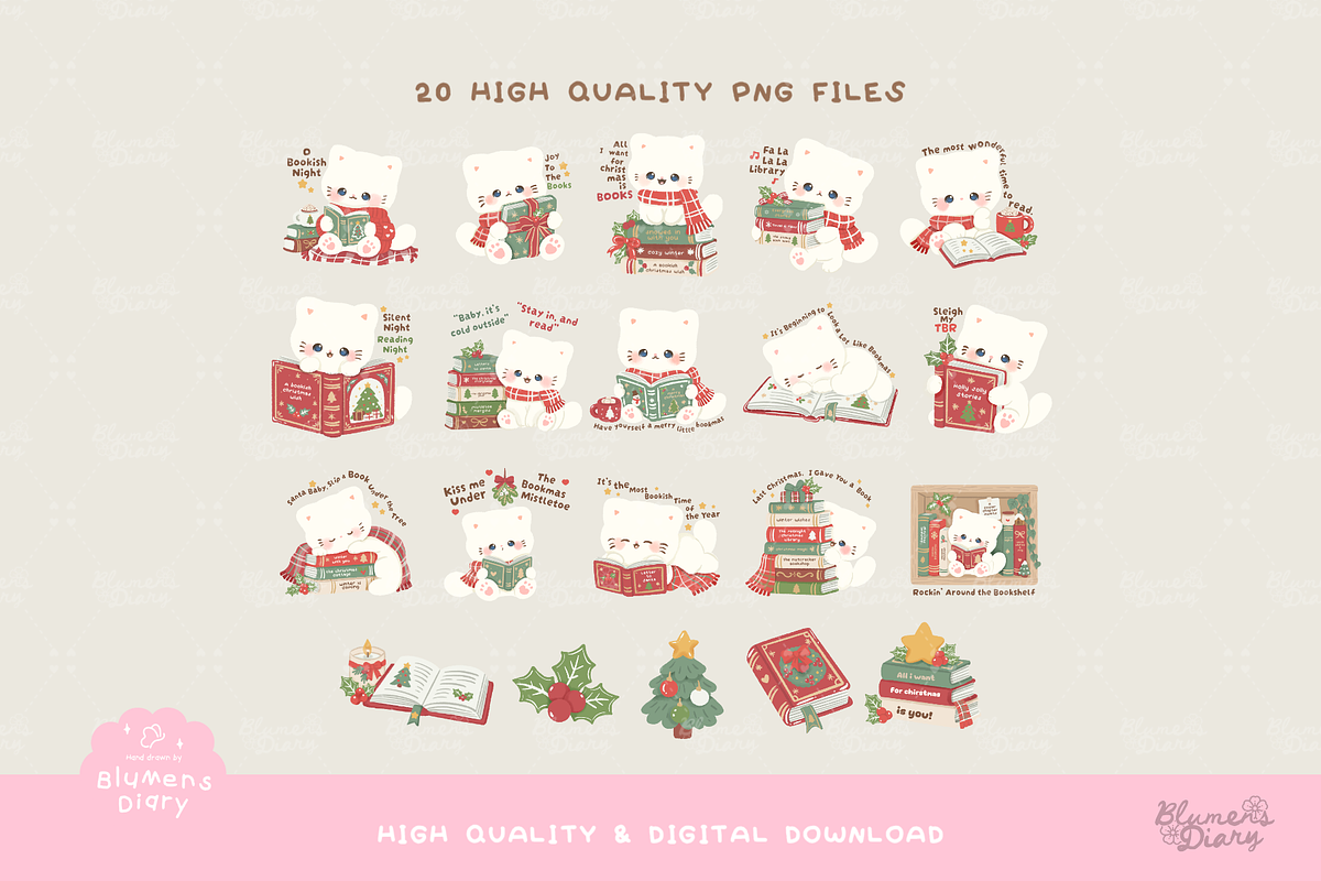 Bookish Christmas White Cat Clipart, an Animal Illustration by Blumensdiary (Photo 2 of 6)