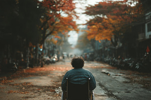 Person in wheelchair viewing autumn city street with vibrant leaves, a Photo by AS photostudio