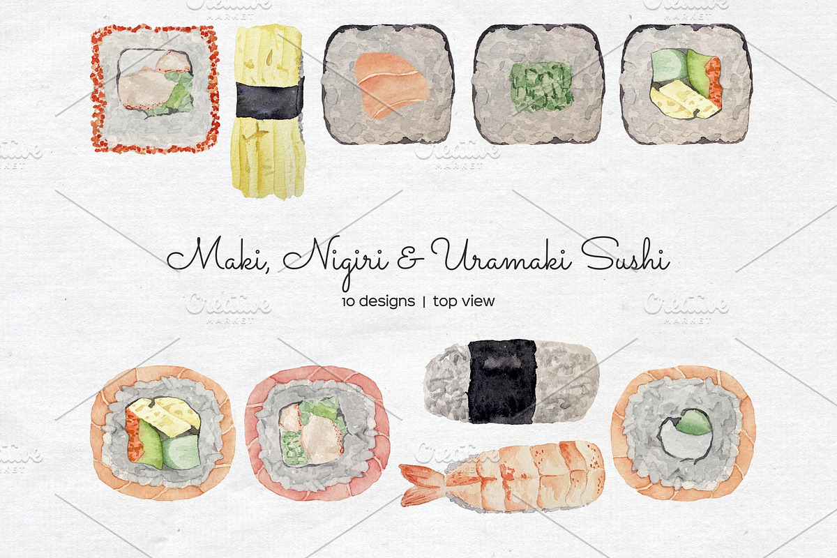 Watercolor Sushi Rolls Clipart, a Food Illustration by Art and Funny (Photo 3 of 7)