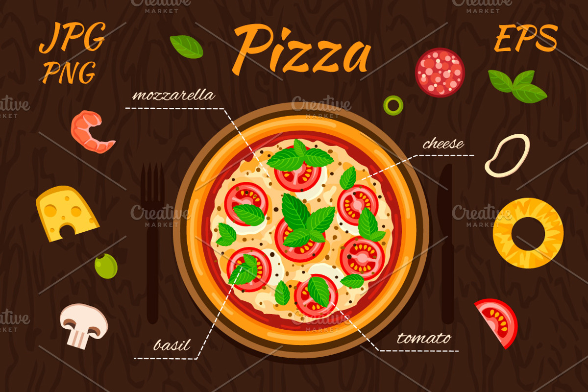 Vector pizza and ingredients, a Food Illustration by Mallinka (Photo 1 of 4)