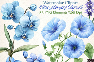Blue Flowers Clipart, an Illustration by DreamCafeArt