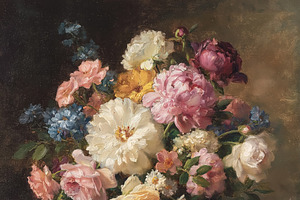 Classic still life painting presenting a vibrant bouquet of bloo, an Illustration by Studio ANNA