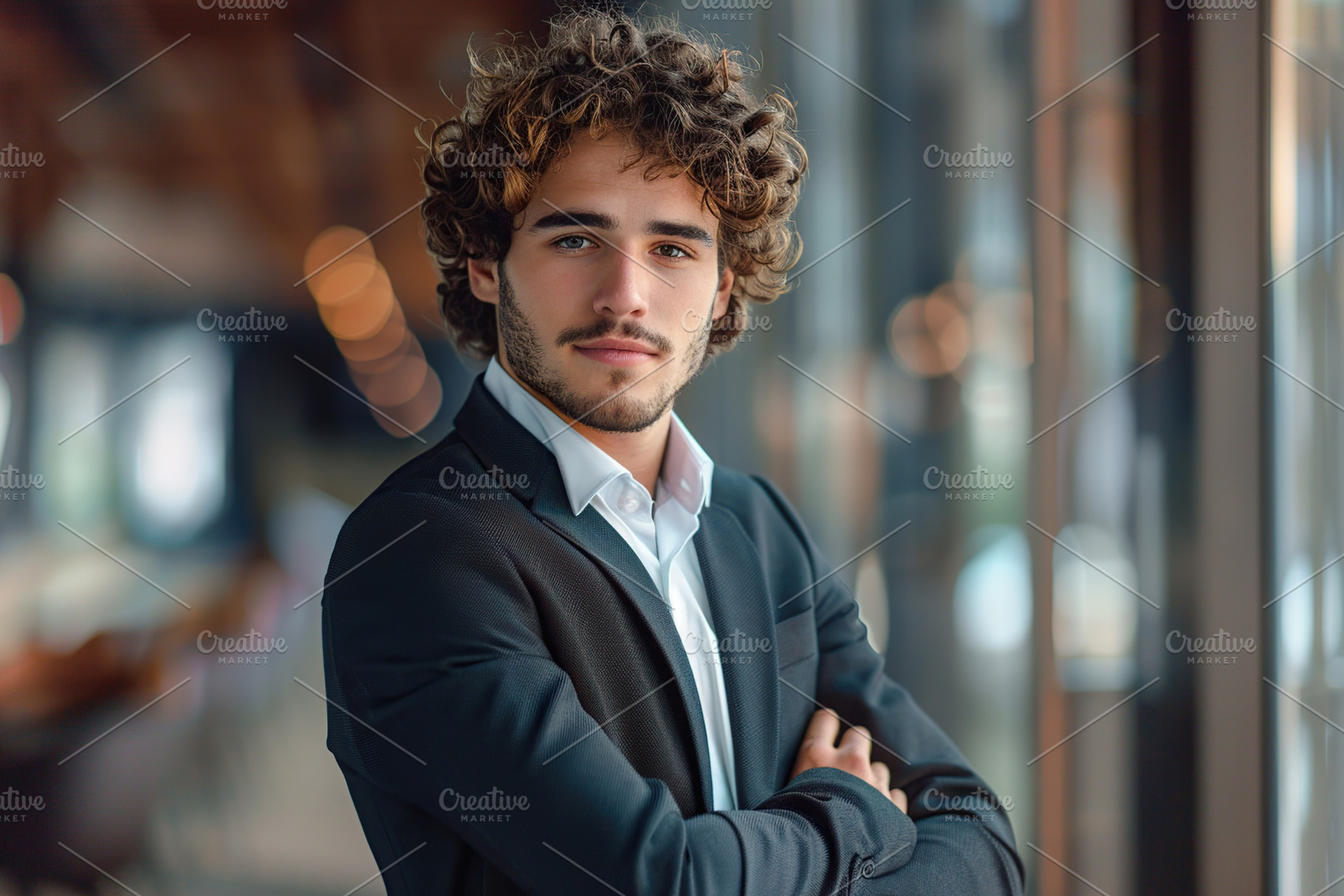 Young businessman in business suit standing on blurred office ba, a Business Photo by AlyaAnd
