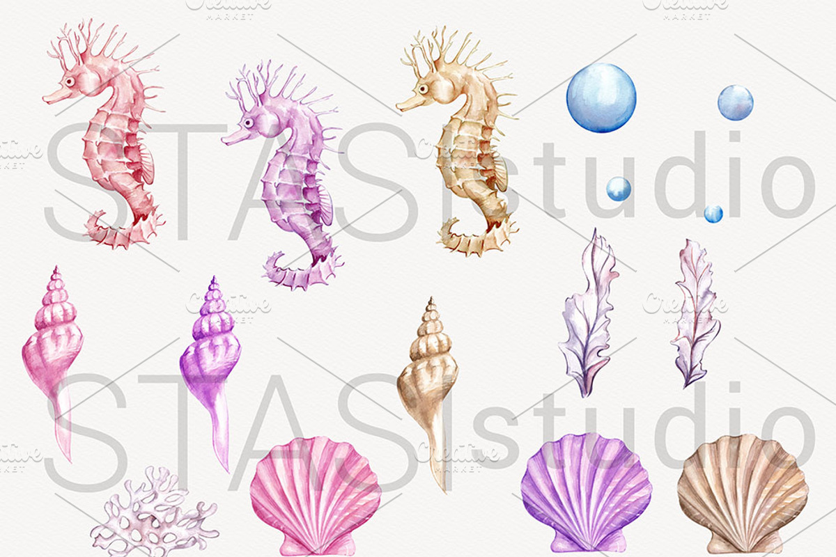 Watercolor Seahorse & Ocean Clipart, a Decorative Illustration by STASIstudio (Photo 2 of 3)