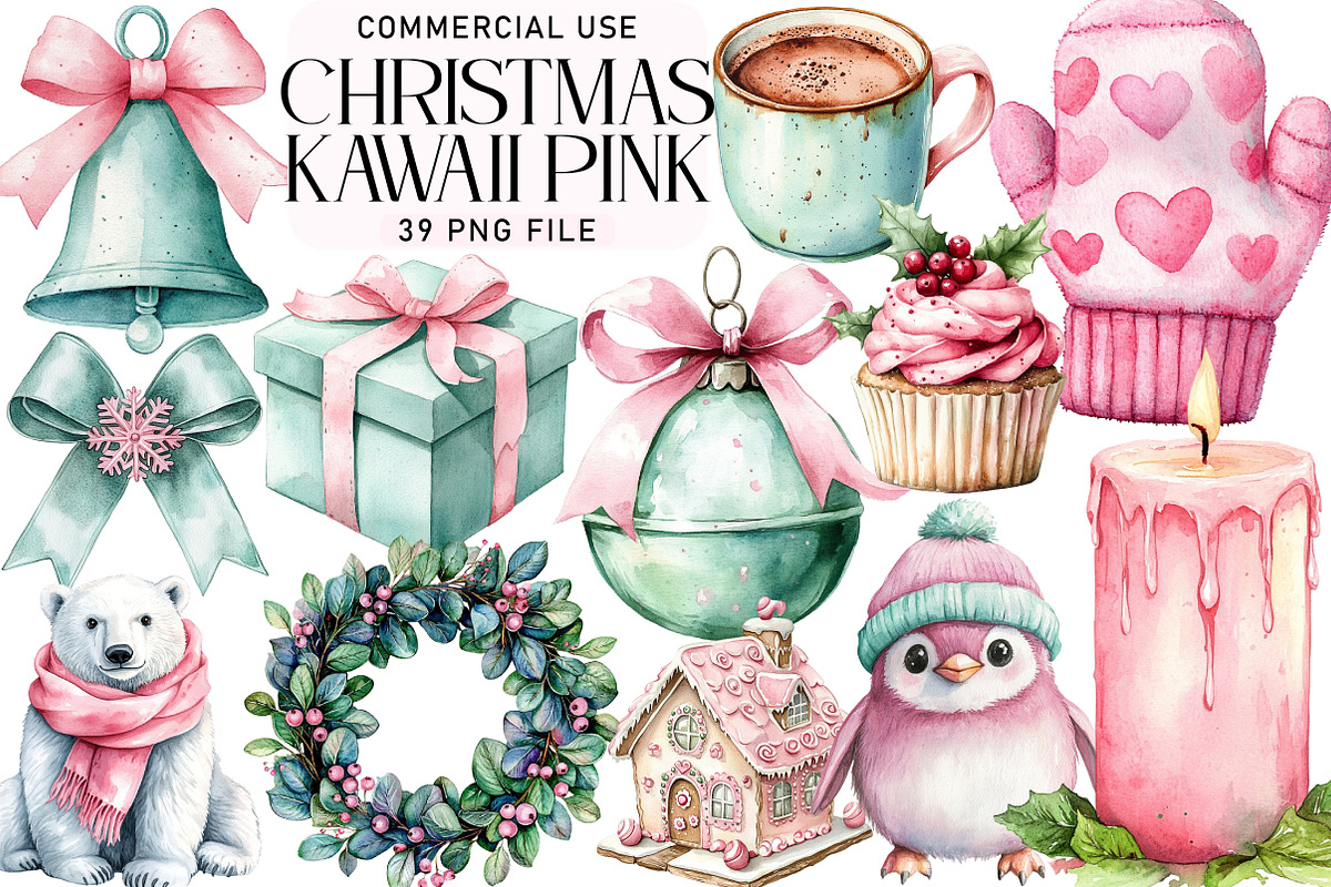 Kawaii Pink Mint Christmas Clipart, an Illustration by Daily.Designs (Photo 1 of 5)