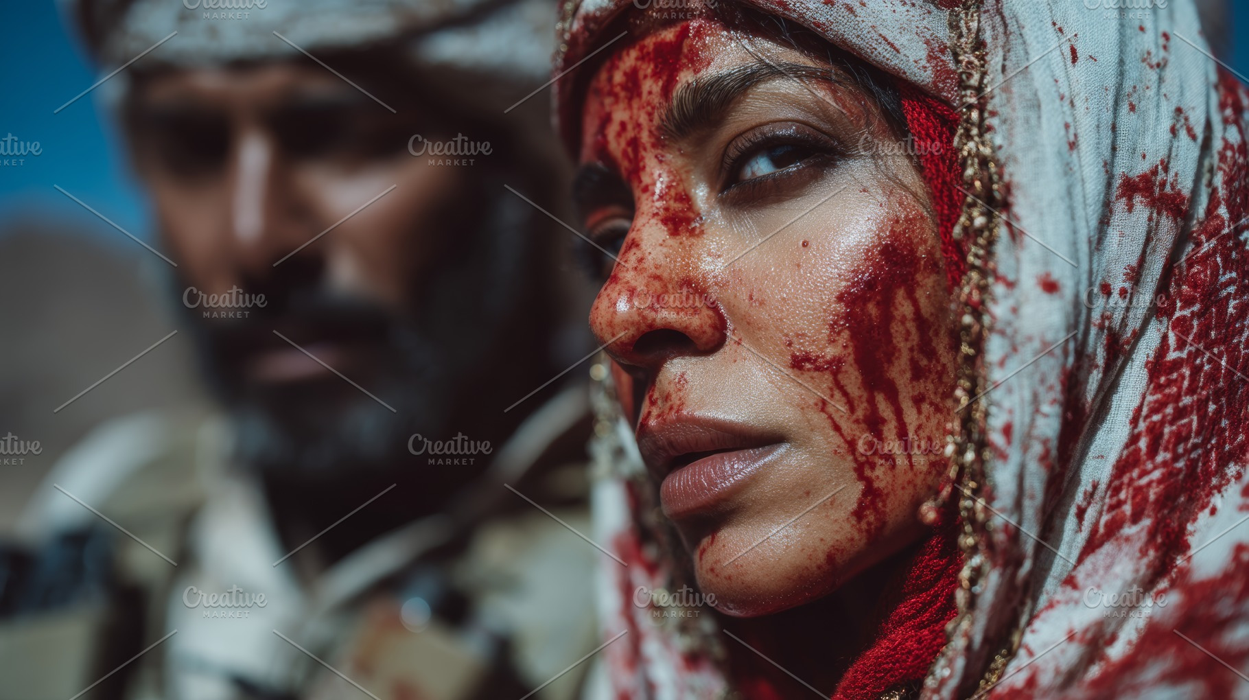 Woman with blood on face wearing headscarf beside blurred soldier, cinematic cl, a Photo by AS photostudio