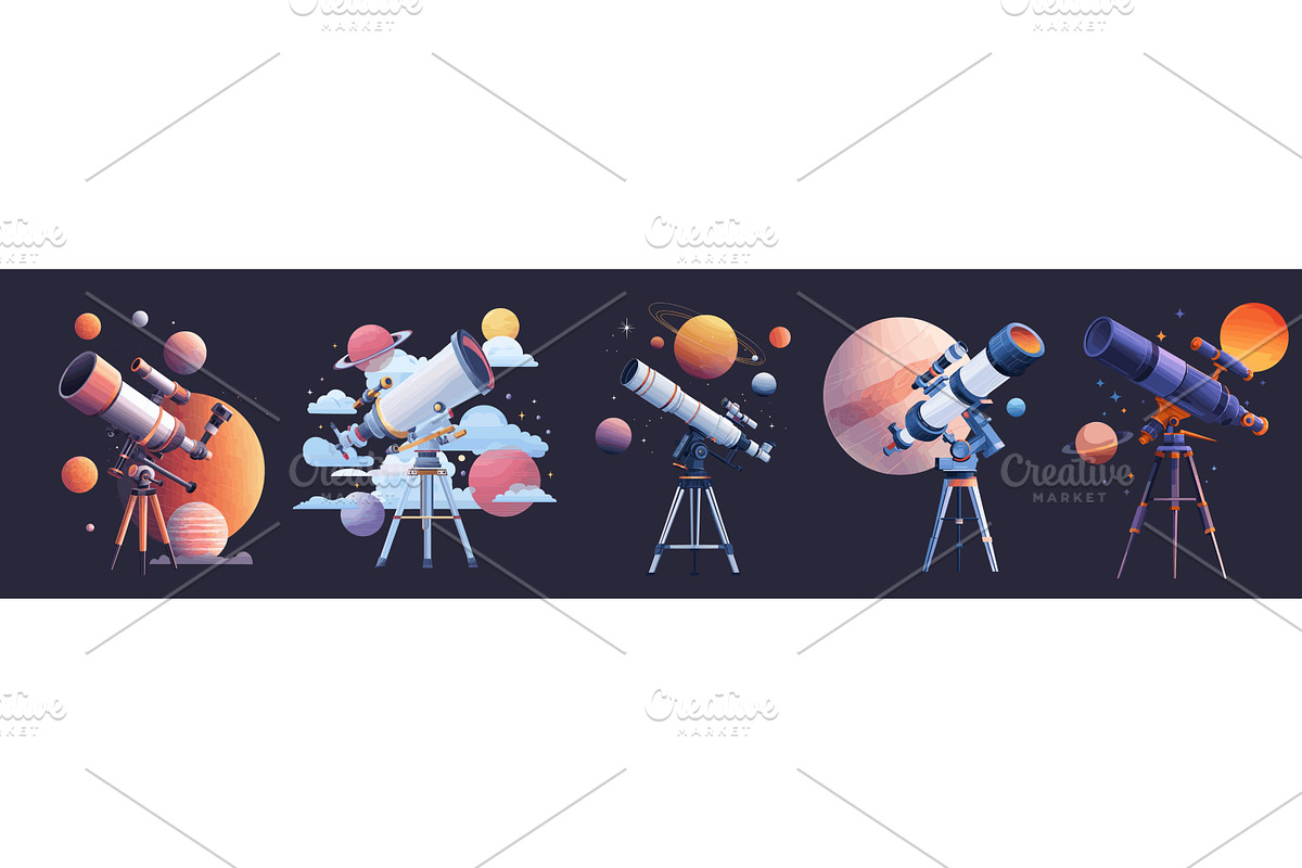 Telescopes cartoon set. telescope, an Illustration by Stock-Smart-Start