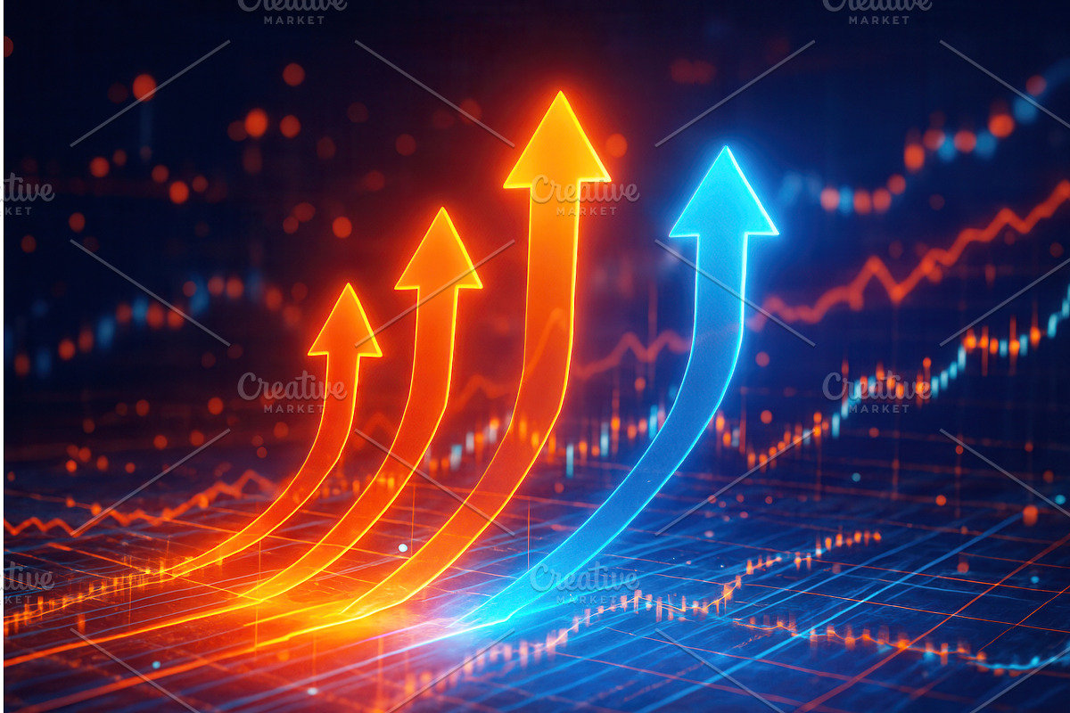 Glowing arrows in red and blue rise, a Finance Illustration by Sergey Kotenev
