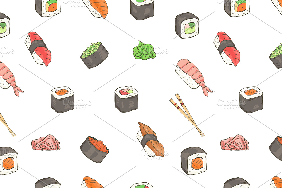 Set and seamless pattern of sushi, a Decorative Illustration by Good Studio