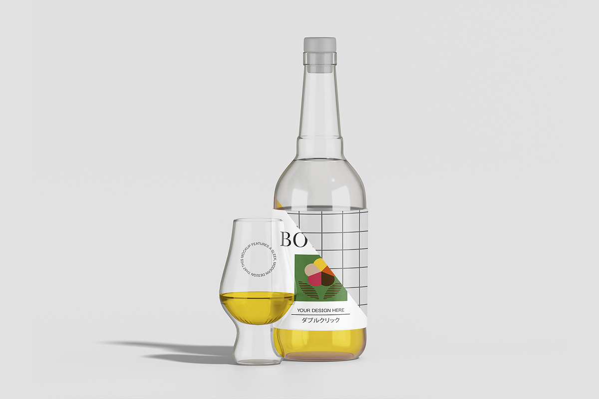 Bottle With Glass Mockup, a Packaging Mockup by Unerispace (Photo 2 of 2)