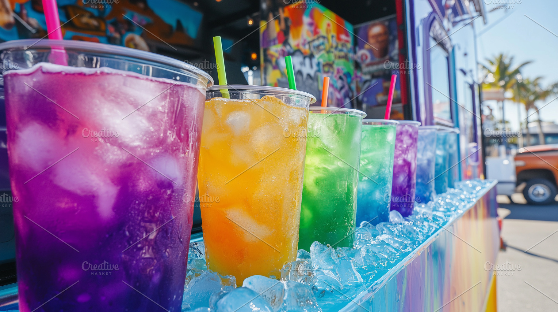 Colorful iced drinks lined up on, a Food & Drink Photo by MistyDay