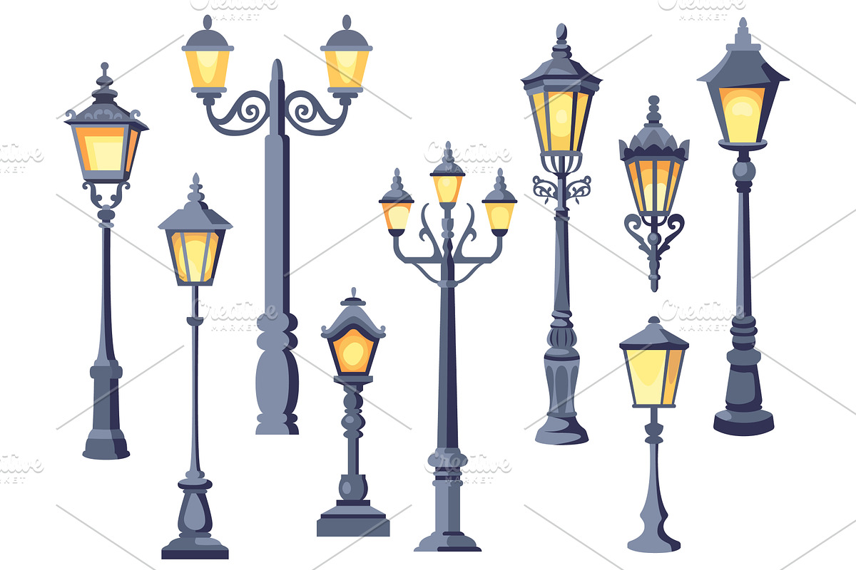 Vintage street lamps. Old city park, an Illustration by YummyBuum