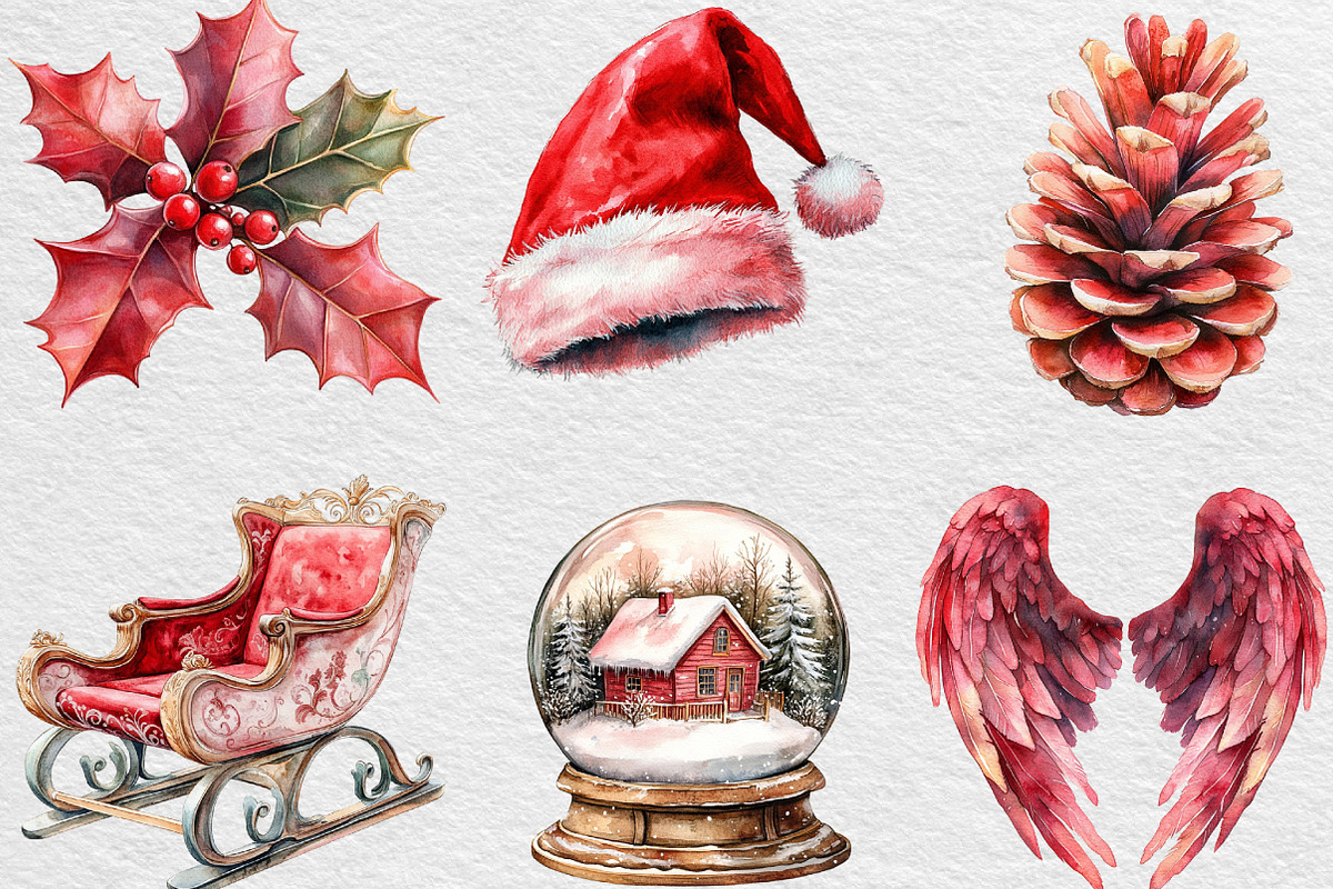 Watercolor Pink Christmas Clipart, an Illustration by Black Bird Studio (Photo 6 of 6)