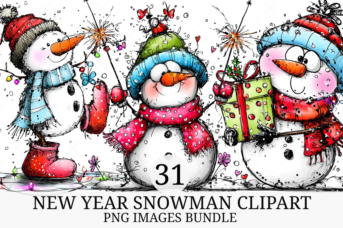 New Year Snowman Clipart Bundle, an Illustration by Craft Nest (Photo 1 of 9)