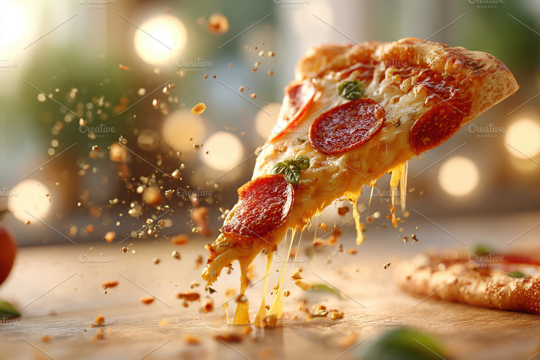 Pepperoni pizza slice floating above a wooden table with cheesy strands and top, a Photo by AlyaAnd