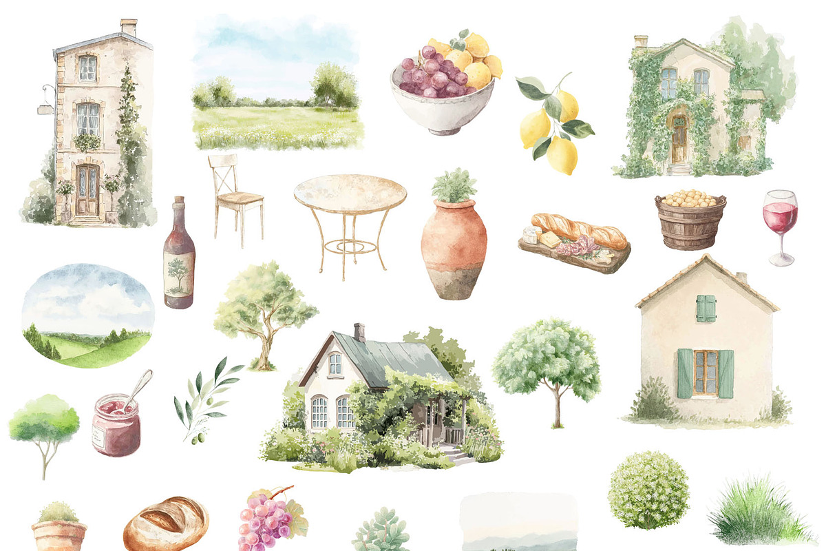 Romantic Tuscan Villa Watercolor, a Decorative Illustration by Deckar_art (Photo 2 of 5)