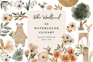 64 Boho Woodland Animal Clipart