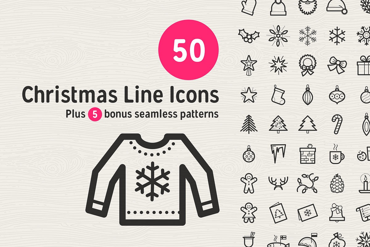 50 Christmas Line Icons, an Outline Icon by Selma’s Patty (Photo 1 of 3)