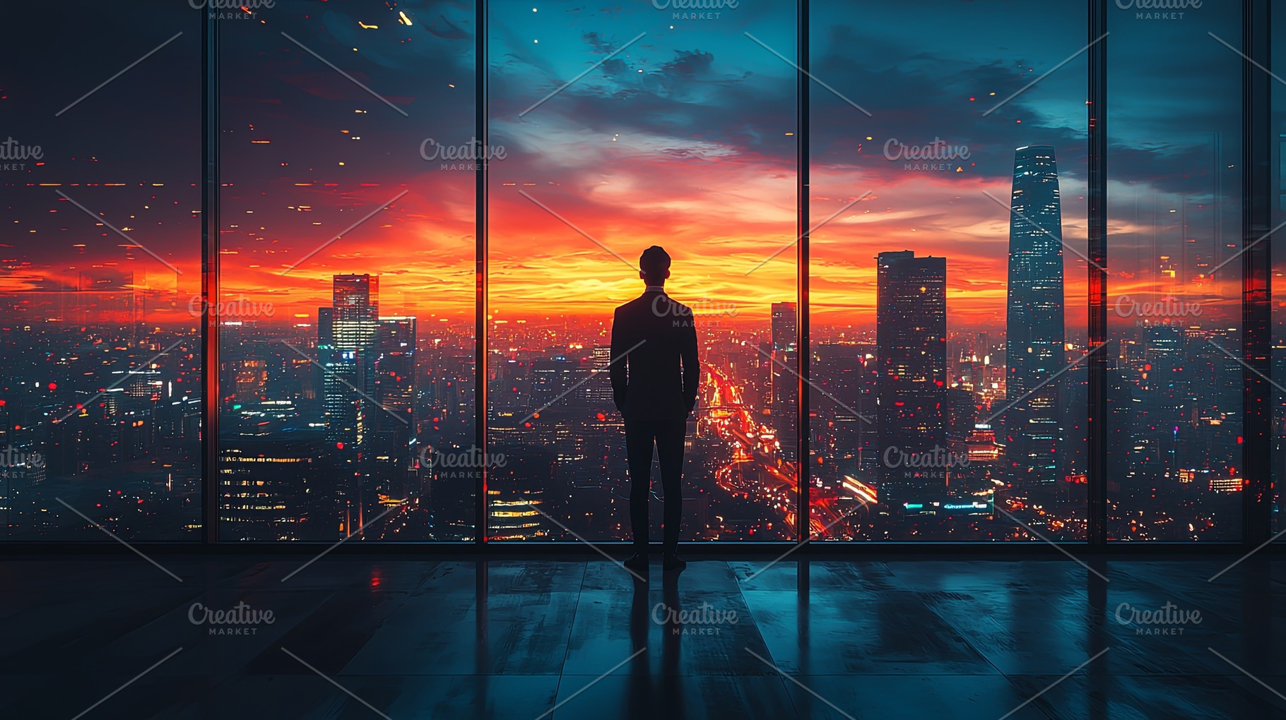 Man observing cityscape from a high-rise during a stunning sunset, a Photo by AS photostudio