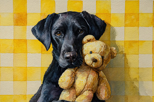 Black dog holds teddy bear in art, a Photo by Beautiful things