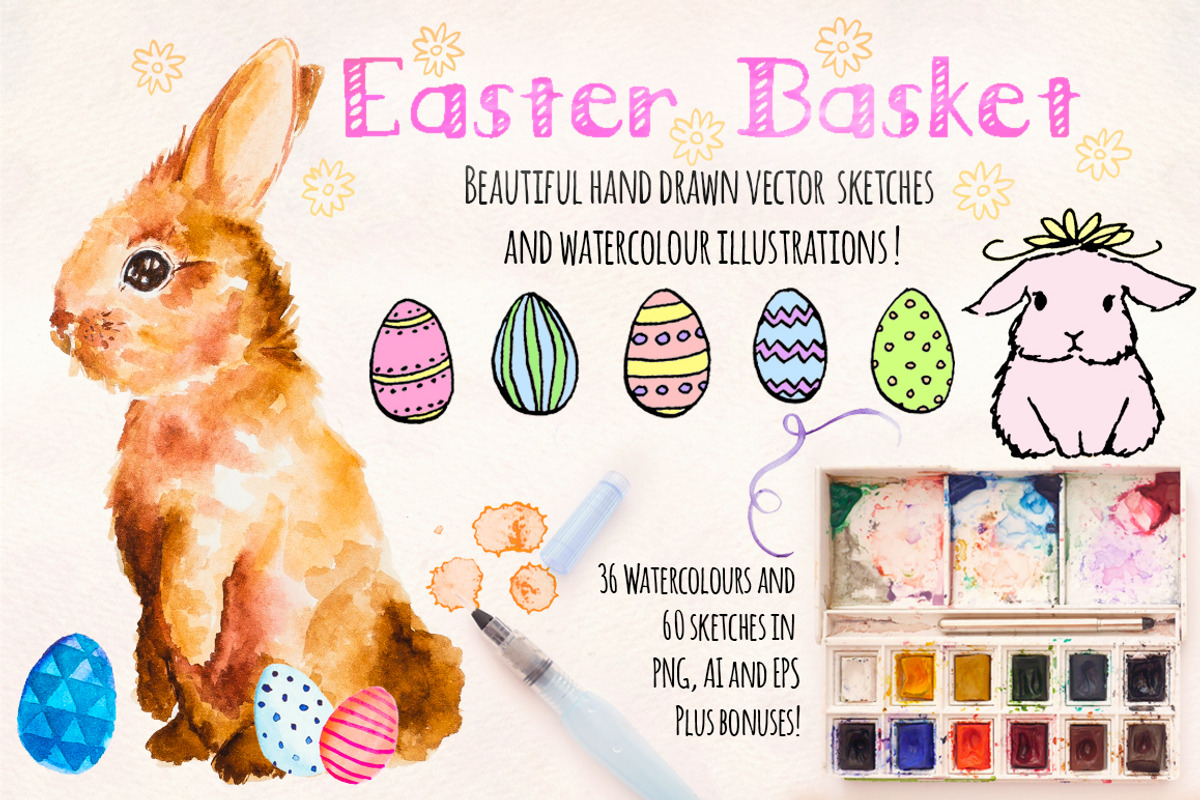 Easter Bunny Watercolor Graphics Kit, an Illustration by Violet LeBeaux (Photo 2 of 5)