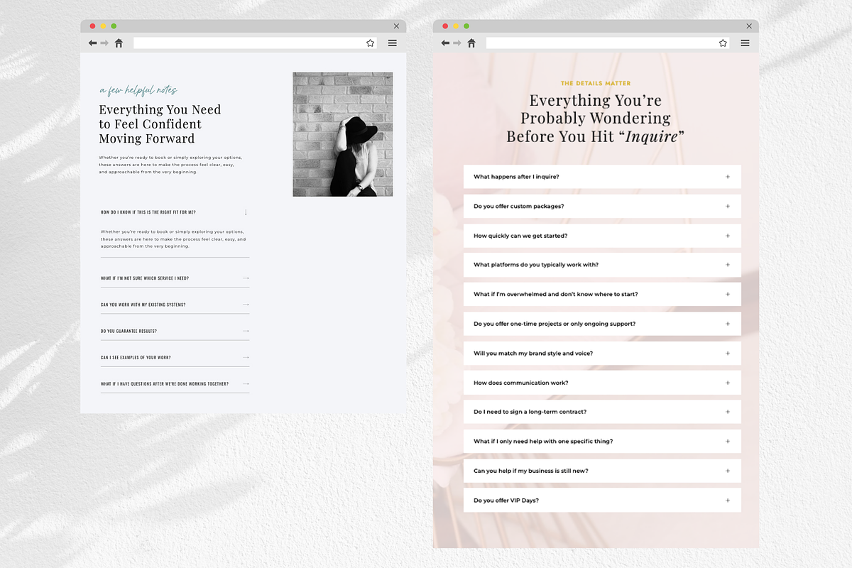 Showit FAQ Section Template Add On, a Landing Page Template by Sugar Studios (Photo 2 of 7)