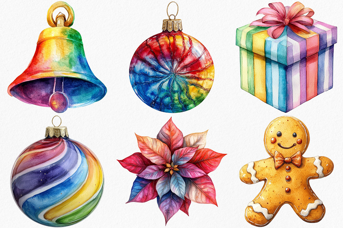 Watercolor Groovy Christmas Clipart, an Illustration by Canvas Craft (Photo 2 of 7)
