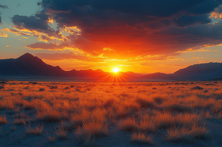 Sunset over a desert landscape with, a Photo by Tanuart