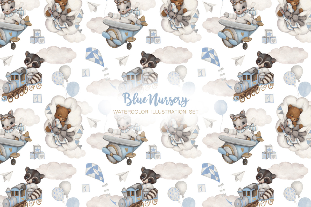 Watercolor Cute Set Blue Nursery, an Animal Illustration by ViktoriyaD (Photo 8 of 8)