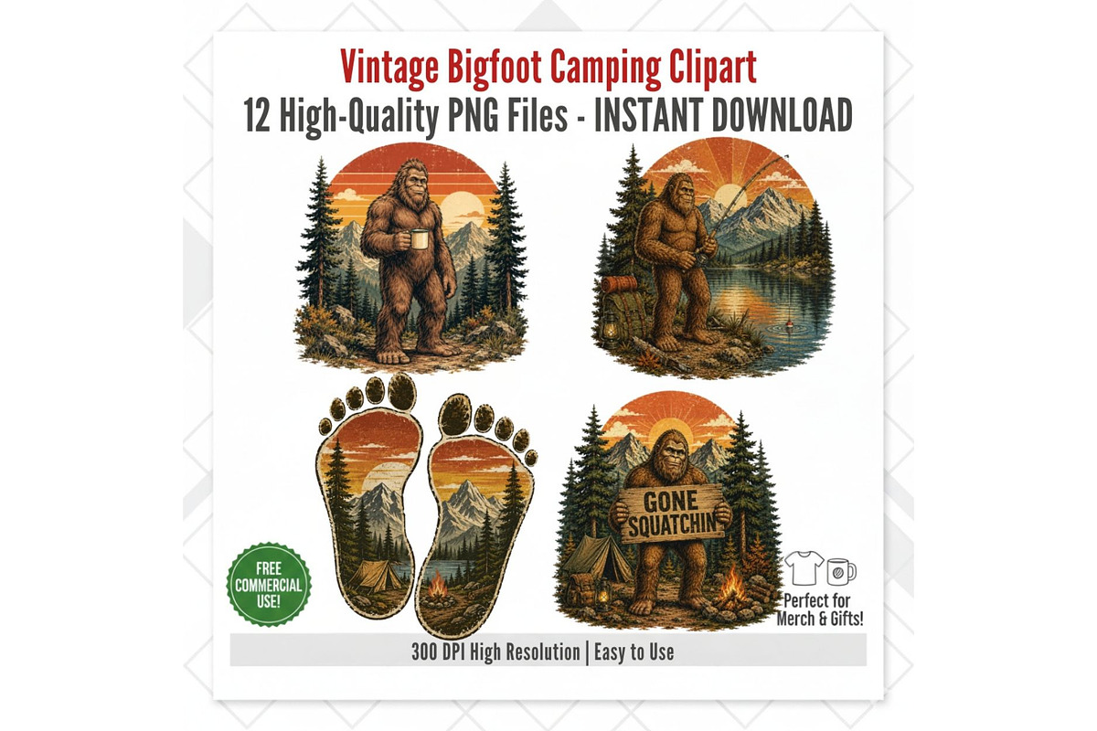 Vintage Bigfoot Camping Clipart PNG, a Person Illustration by Tanya Kart (Photo 2 of 5)