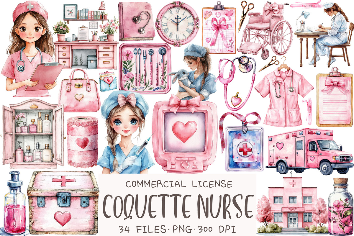 Watercolor Coquette Nurse Clipart, an Illustration by OK Design (Photo 1 of 5)