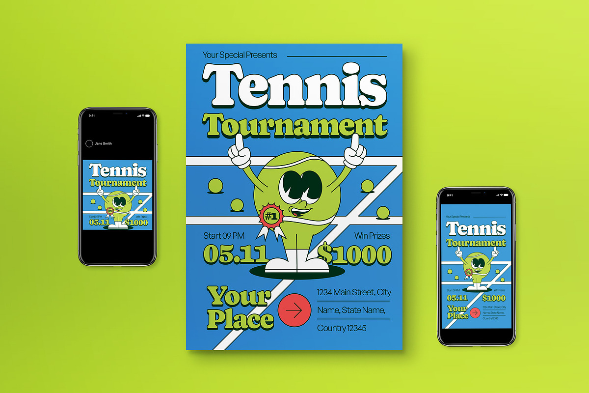 Retro Tennis Tournament Flyer Set, a Flyer Template by graphicook (Photo 1 of 3)