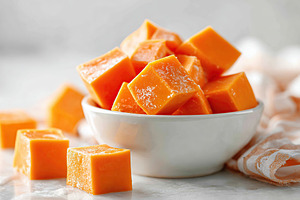 Colorful cubes of homemade orange candy prepared in a bright kitchen setting, a Food & Drink Photo by AlyaAnd