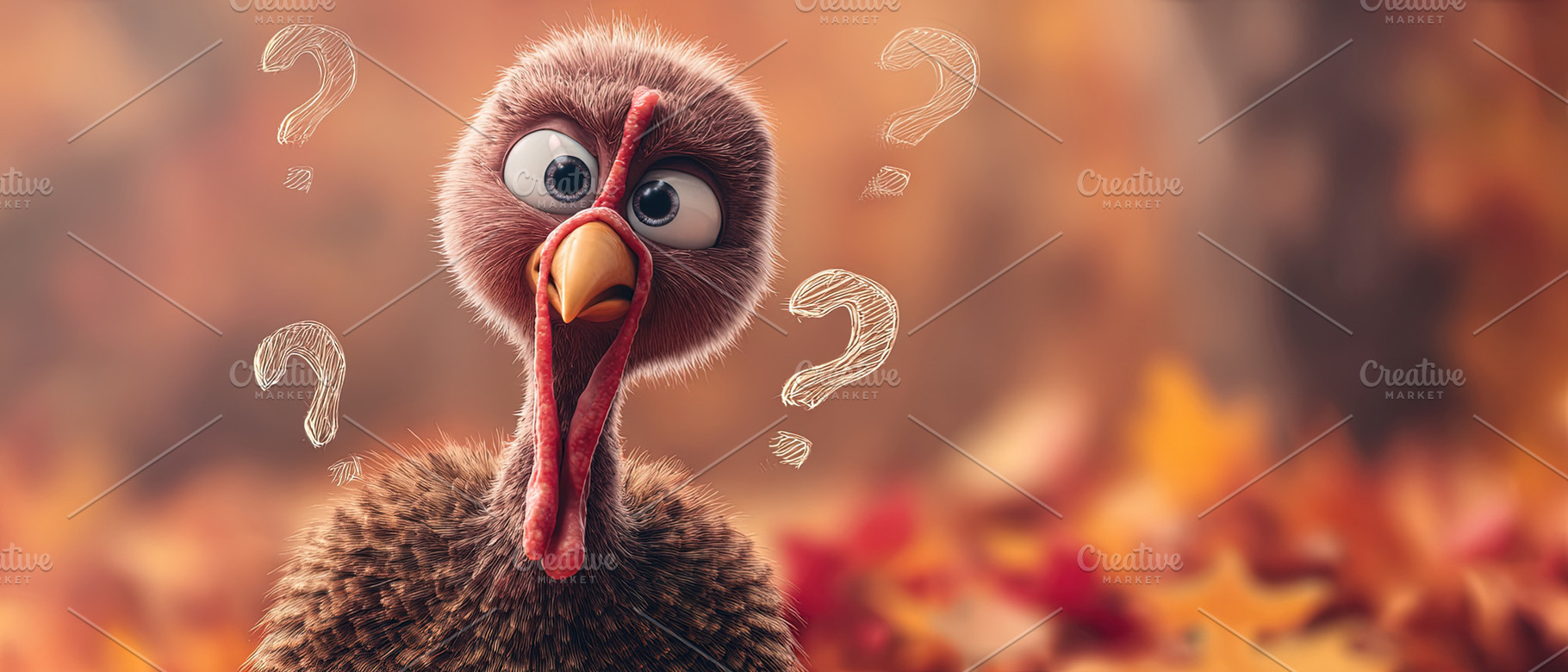 Cute cartoon turkey with question marks on blurred fall foliage, an Abstract Photo by Ales Munt