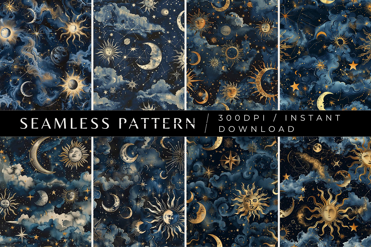 8 Golden Cosmos Seamless Patterns, a Pattern Graphic by Inknfolly (Photo 1 of 5)