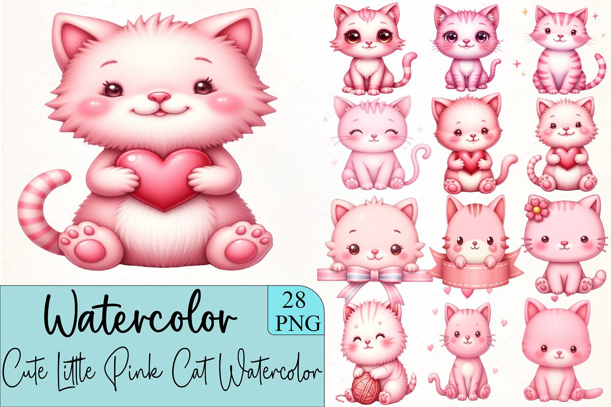 Cute Little Pink Cat Watercolor Clip, an Illustration by CrexoraLab (Photo 1 of 5)