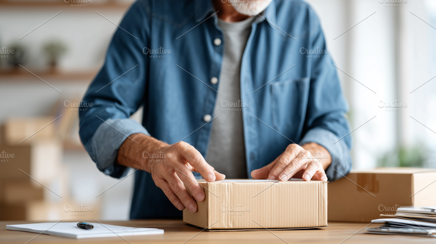 Senior man packing parcel at home, a Business Photo by MistyDay