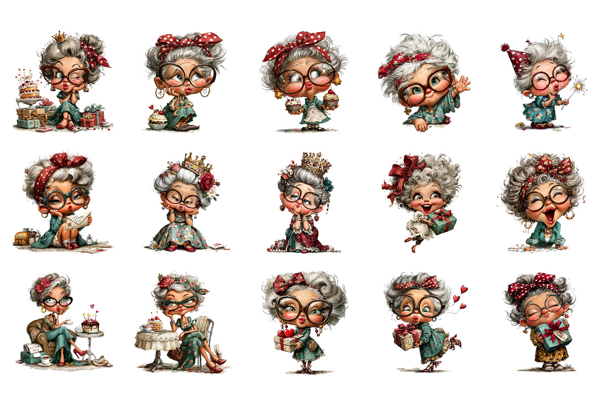 Whimsical old lady birthday clipart, an Illustration by SinaCreation (Photo 2 of 11)